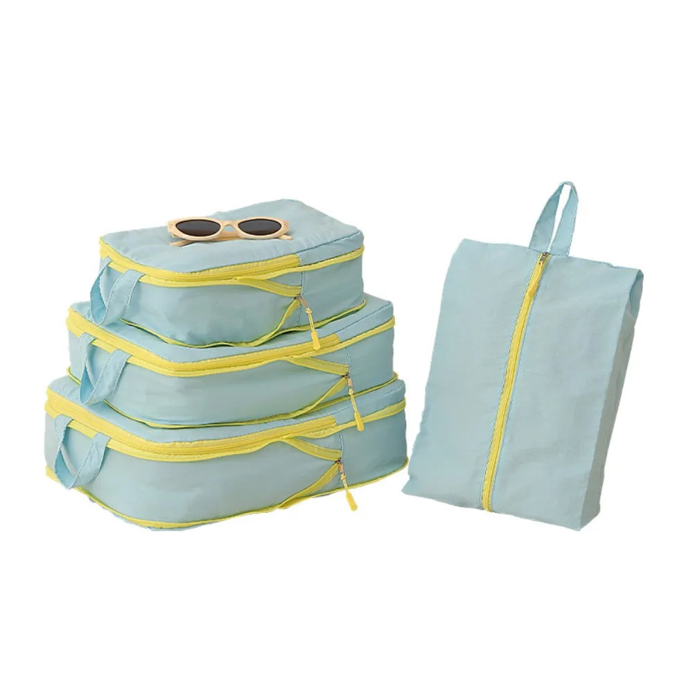 Four-Piece Packing Cube Set — Space-Saving Luggage Organizers with Shoe Bag