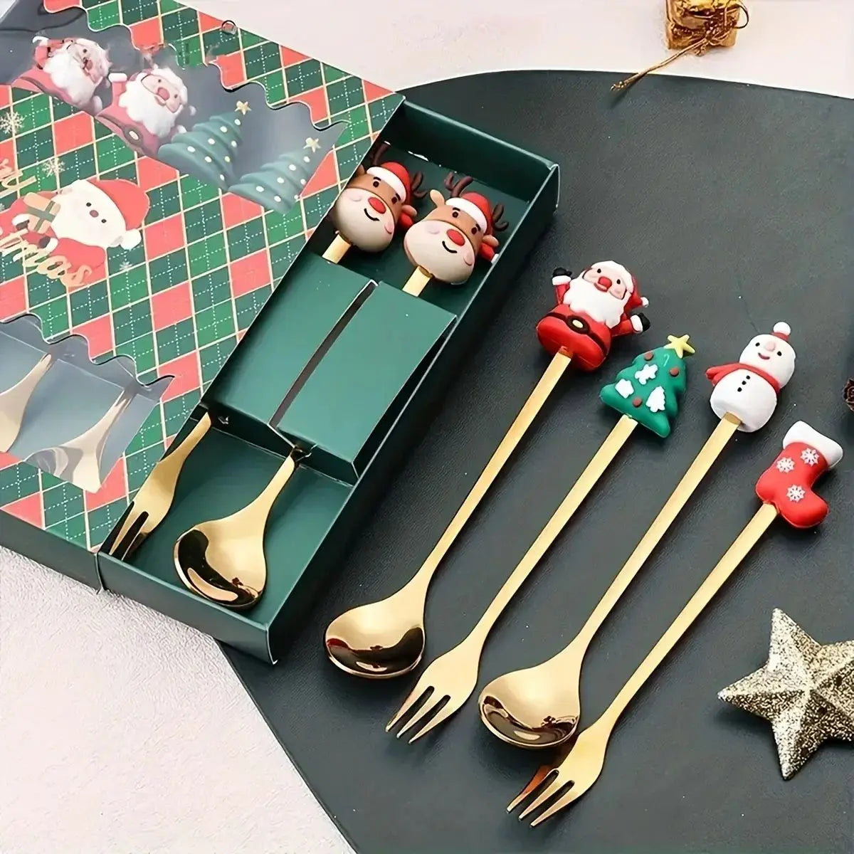 Christmas Themed Stainless Steel Cutlery Set — Decorative Santa Spoon and Fork