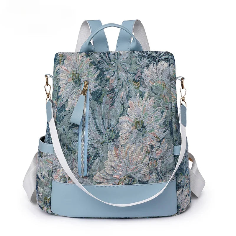Floral Embroidered Nylon Backpack — Large Capacity Travel Rucksack