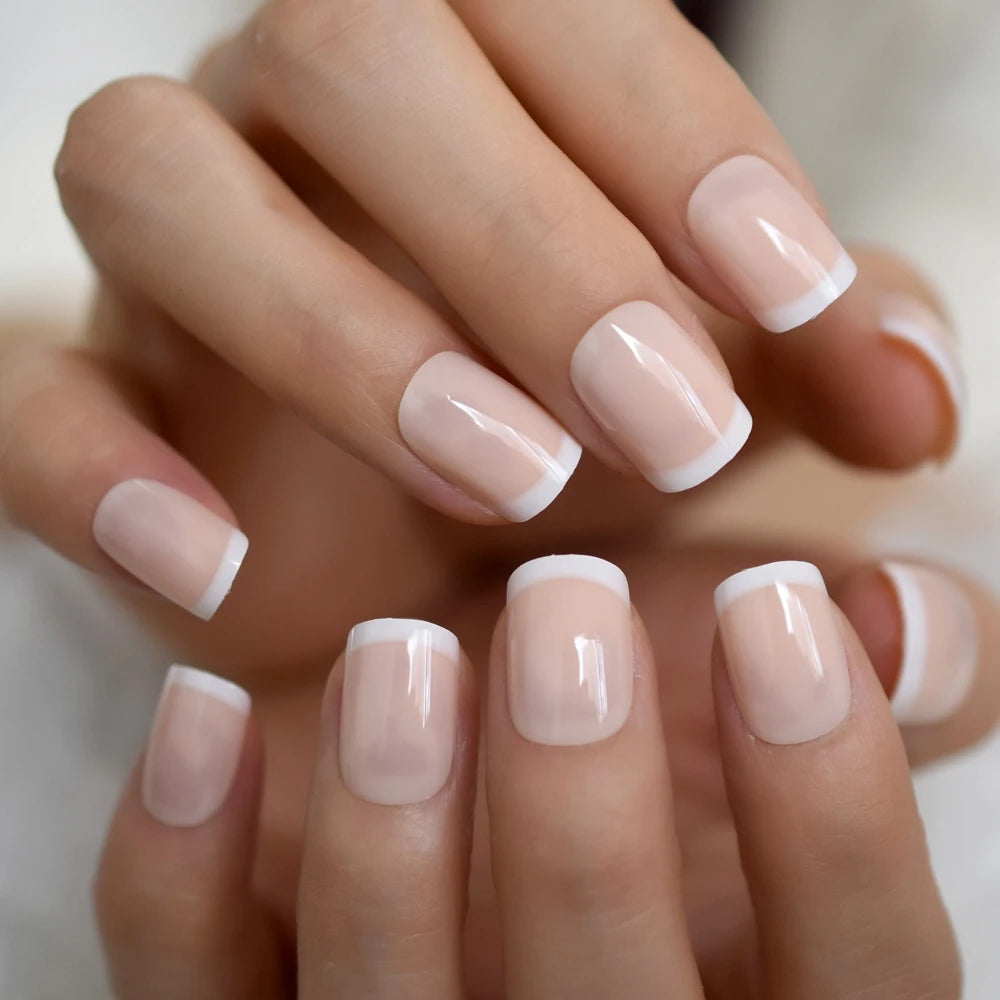 French Style Press On Nails — Glossy Nude White Tip Manicure Set