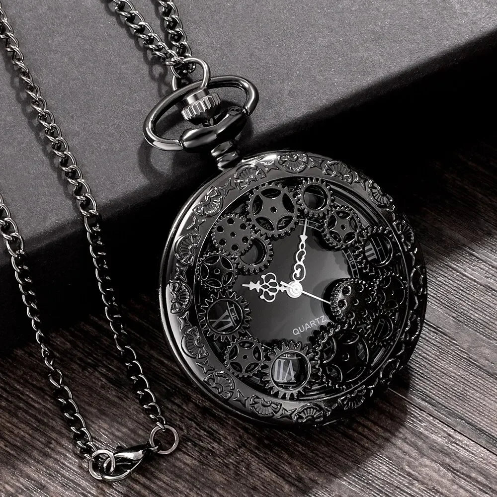Vintage Steampunk Gear Pocket Watch — Antique Hollow Design Pendant with Chain