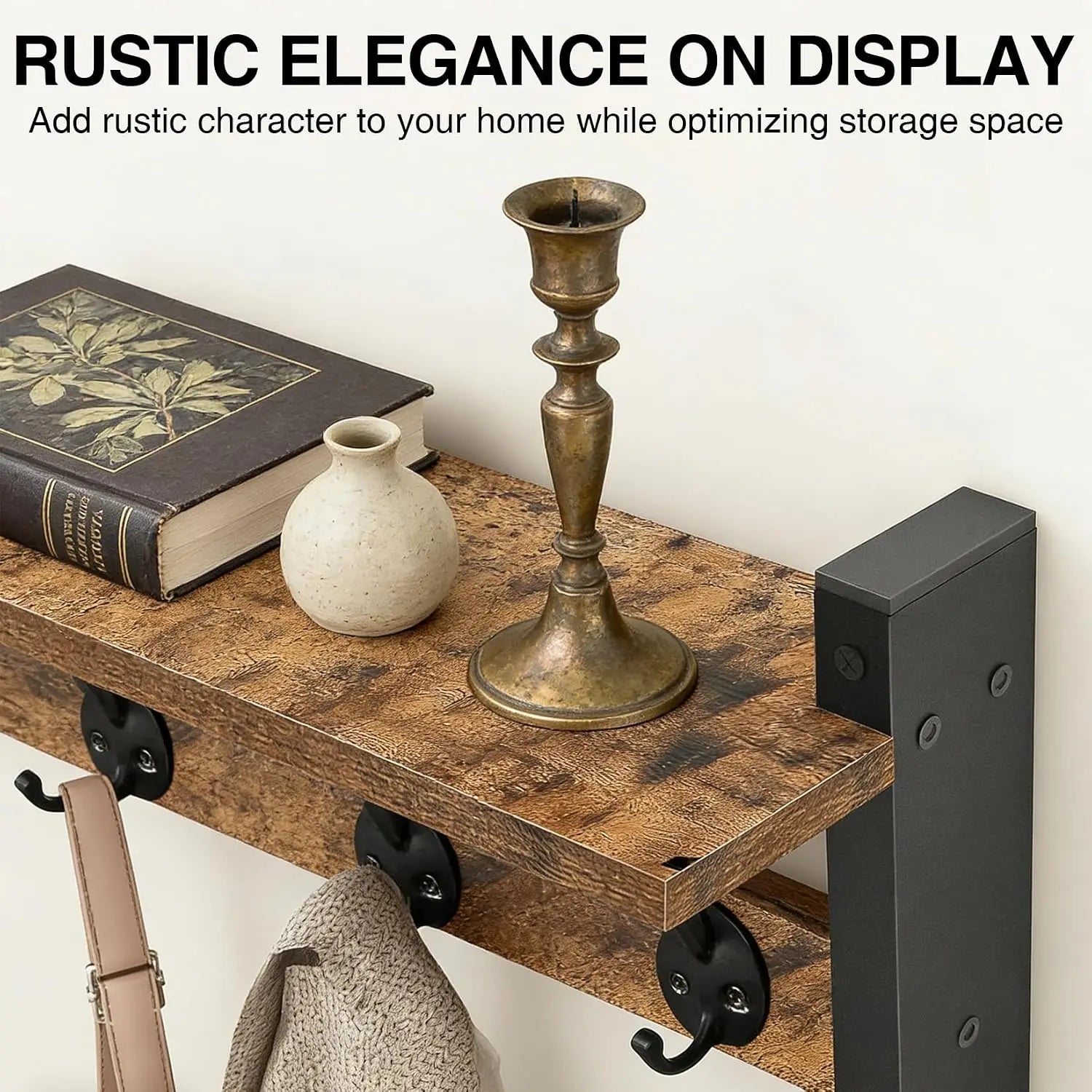 Wall Mounted Coat Rack & Shelf — Industrial Wood and Iron Entryway Organizer