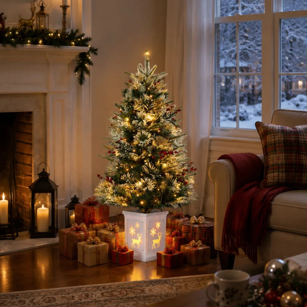ANIXOL 3FT Pre-Lit Snow Flocked Christmas Tree — Warm White LED Lights