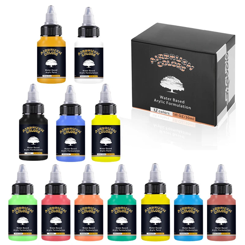 Acrylic Paint Set of 12 Colors — Water-Based Airbrush Paint for Models & Crafts