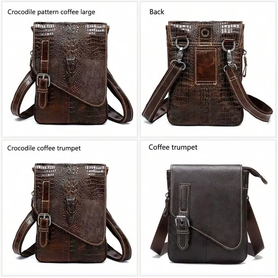 Men's Genuine Cowhide Shoulder Bag — Crocodile Embossed Crossbody Purse