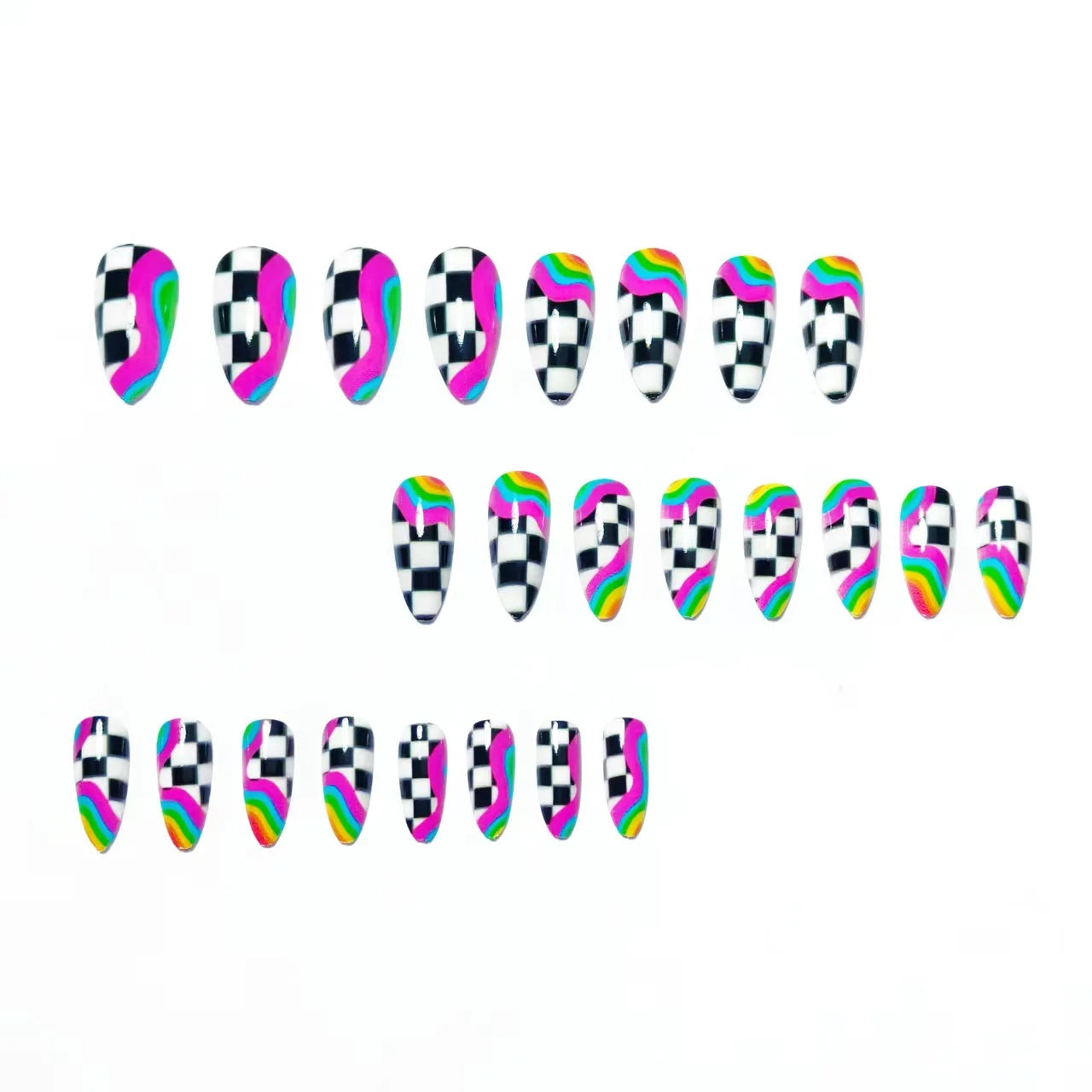 Stylebon Press-On Nails — Short Almond Checkerboard & Neon Design