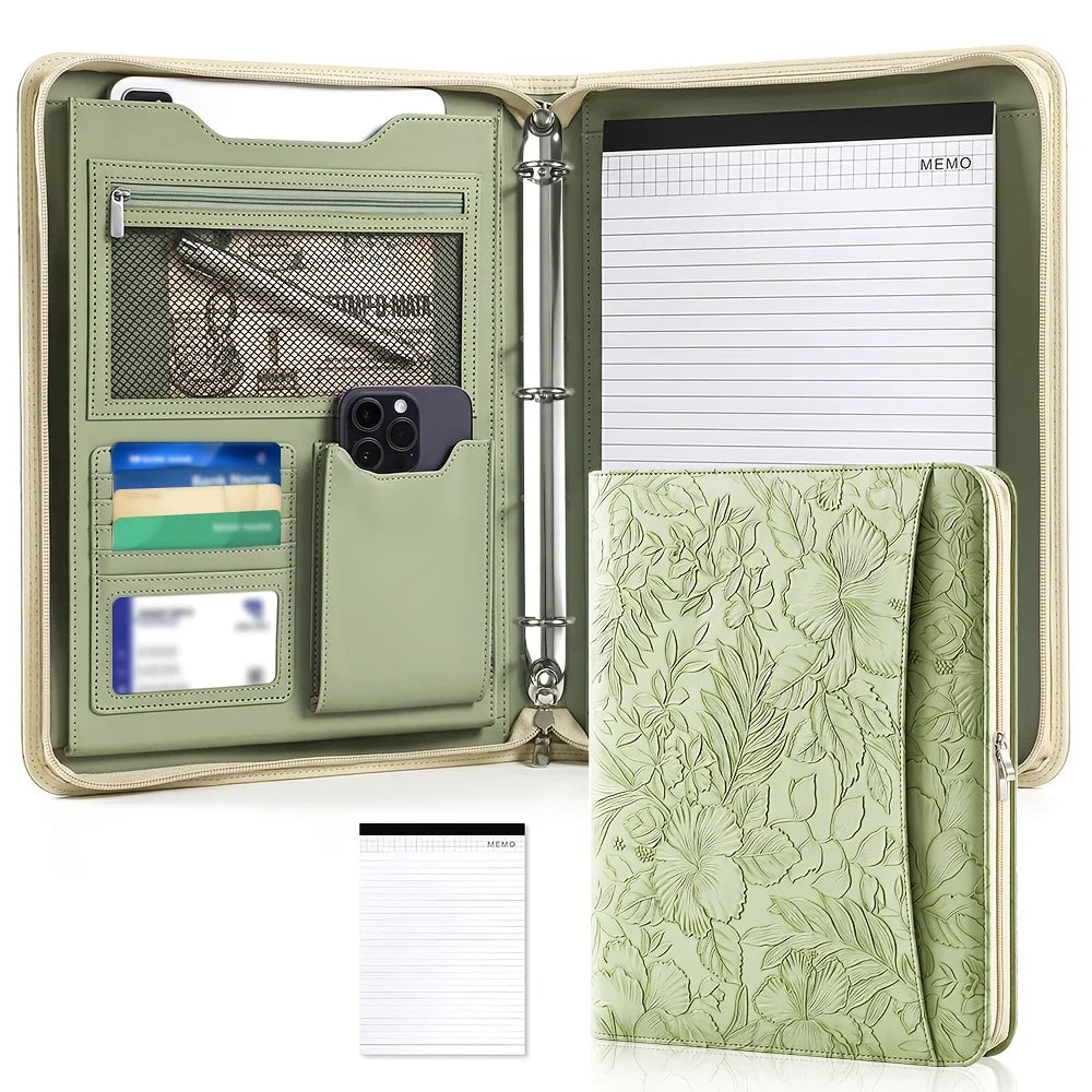 Embossed Faux Leather Padfolio — A4 Zipper Binder with Multi-Pocket Organization