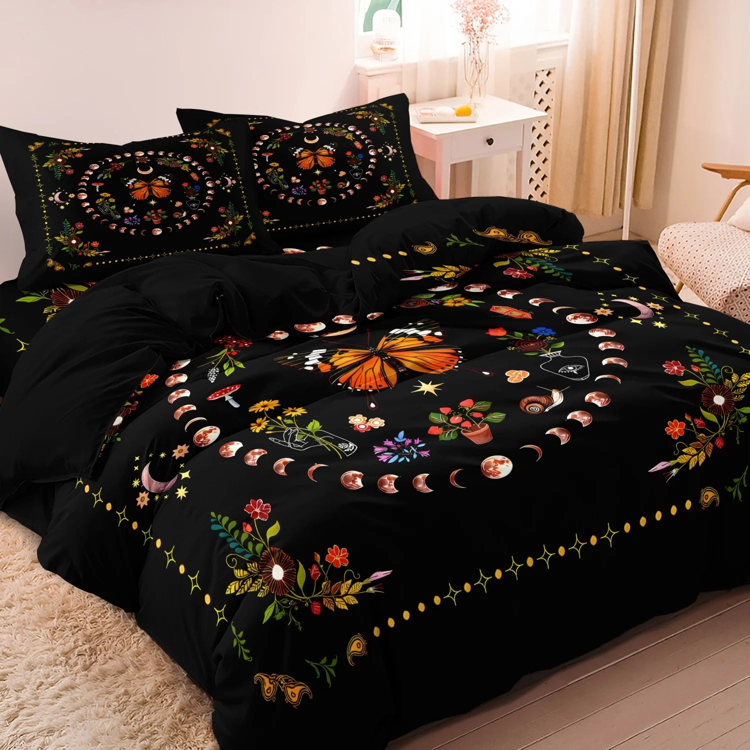 Butterfly and Crescent Moon Duvet Cover Set — Modern Floral Bedding, 3 Pieces