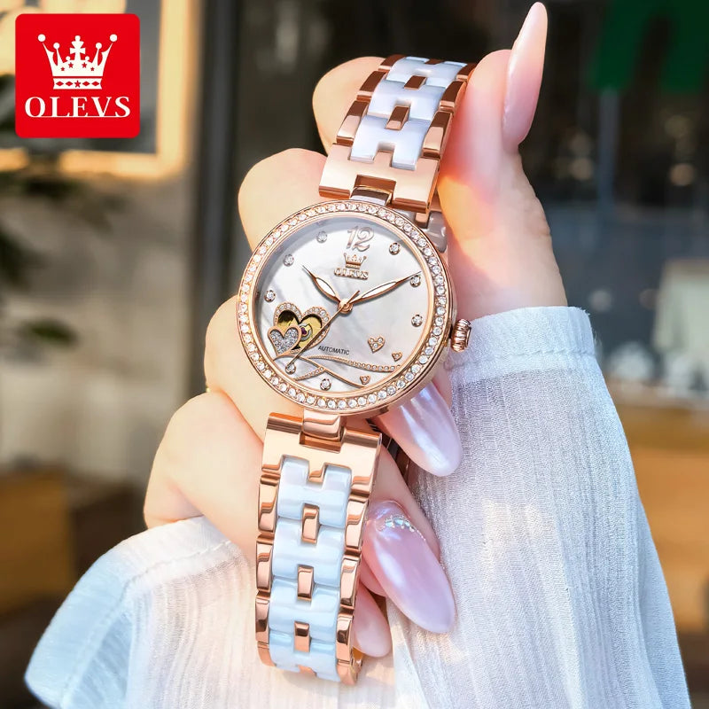 OLEVS 7086 Women's Luxury Watch — Automatic Mechanical Rose Ceramic