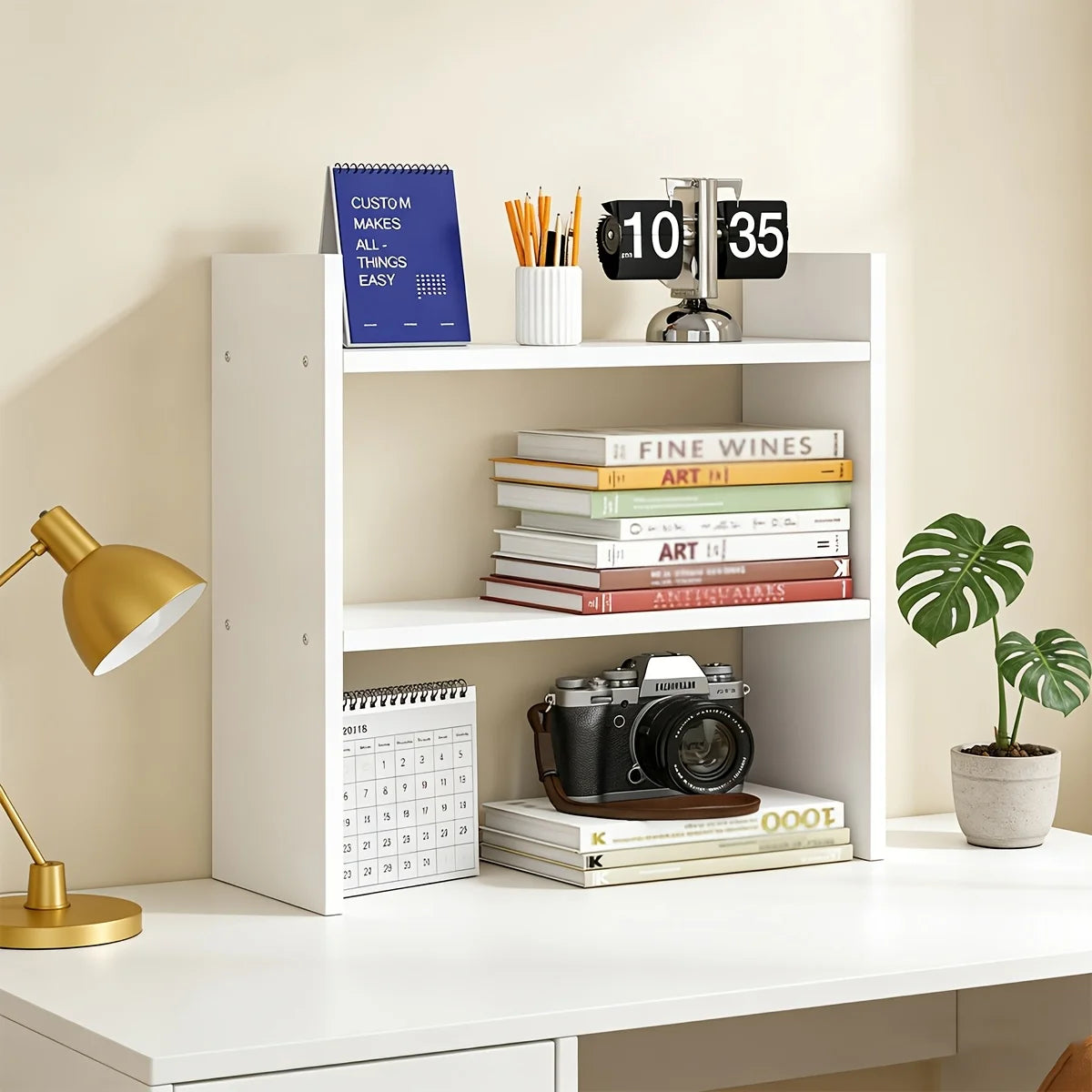 3-Tier Desktop Bookshelf Organizer — White Wooden Tabletop Storage Shelf