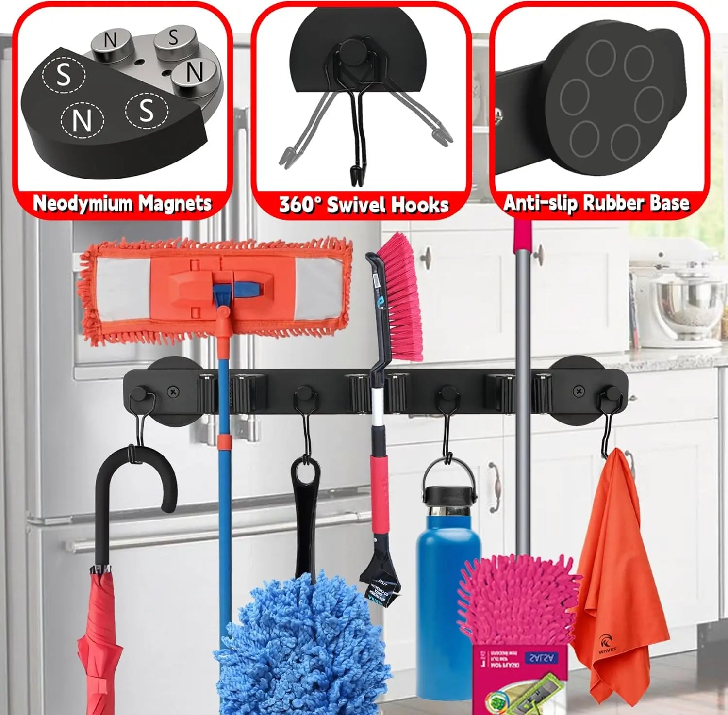 Heavy Duty Mop and Tool Organizer — No-Drill Suction Cup Rack