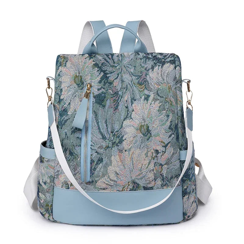 Floral Embroidered Nylon Backpack — Large Capacity Travel Rucksack