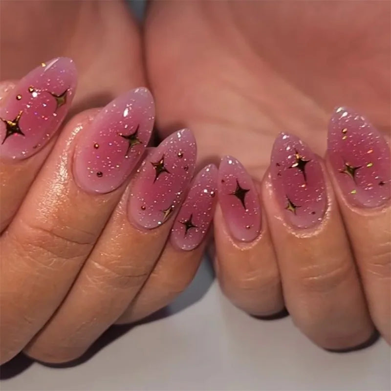 Qsezeny Short Almond False Nails — Black Edge French Press On Set