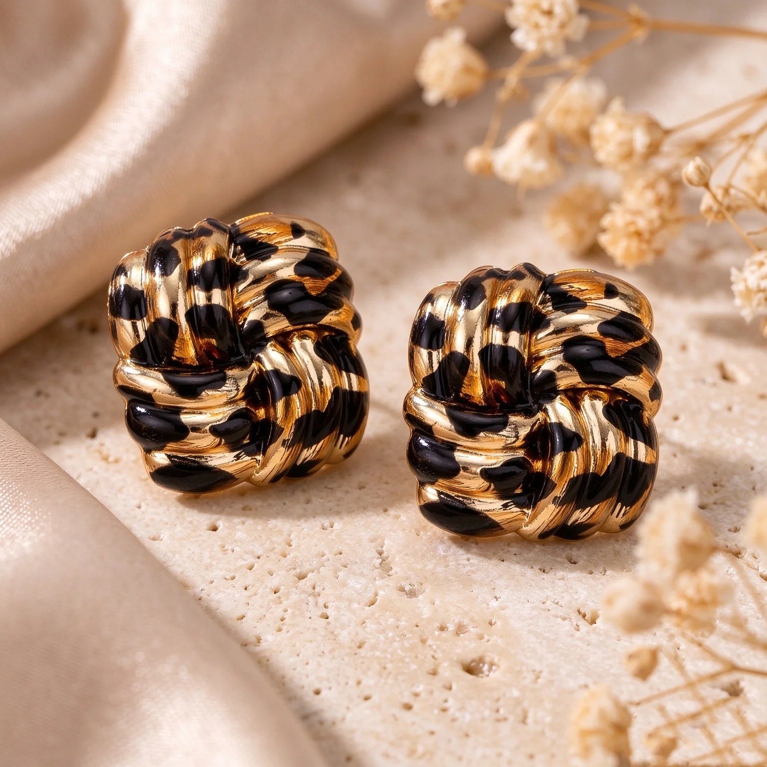 Obega Leopard Print Knotted Earrings — Vintage Gold Tone Enamel Studs