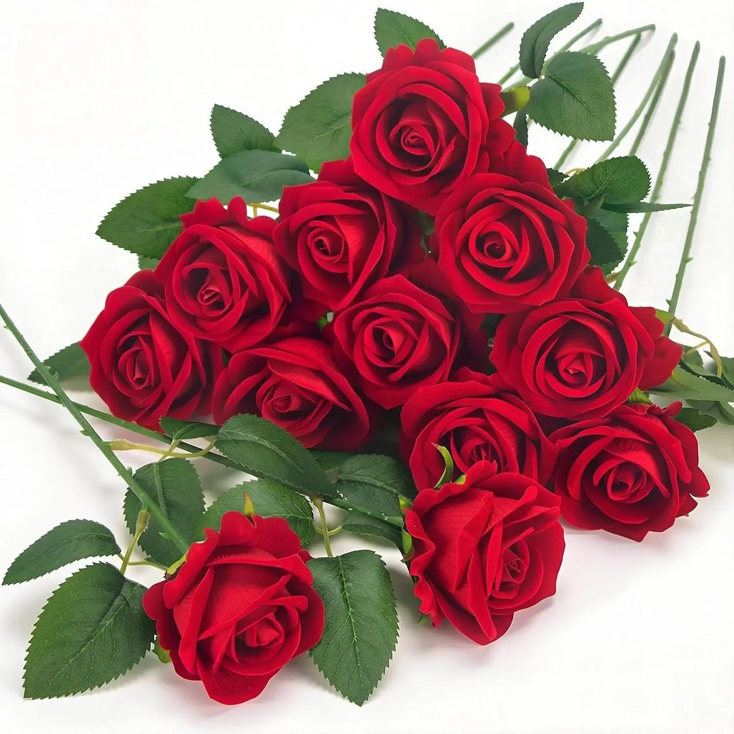 Velvet Artificial Rose Bouquet — 12 Piece Long Stem Faux Flowers for Decor
