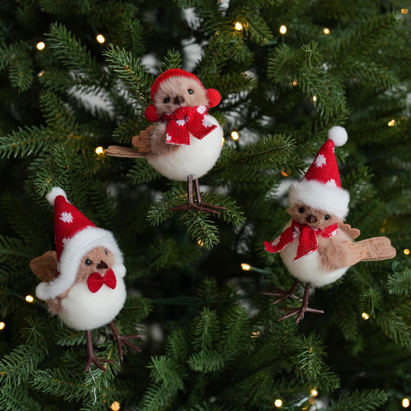 Festive Foam Bird Ornaments — Christmas Tree Pendants with Red Scarves