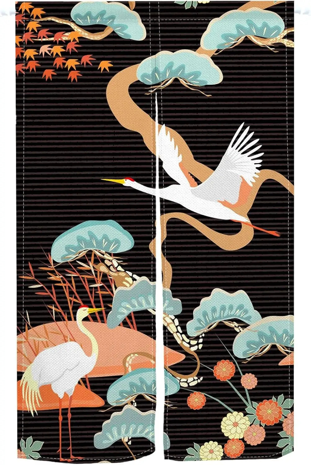 Japanese Style Crane and Flower Doorway Curtain — Decorative Noren Tapestry