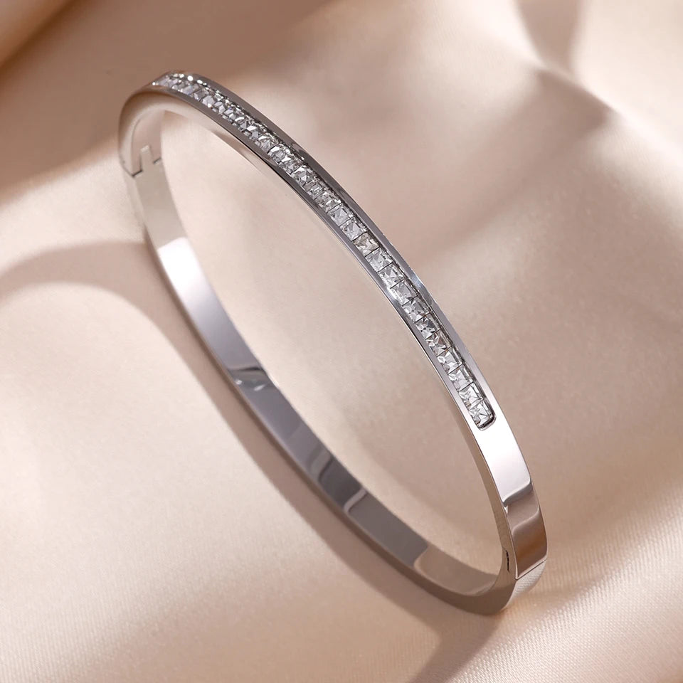 Sparkling Zirconia Stainless Steel Bracelet Set — Stackable Cuff Bangles for Women