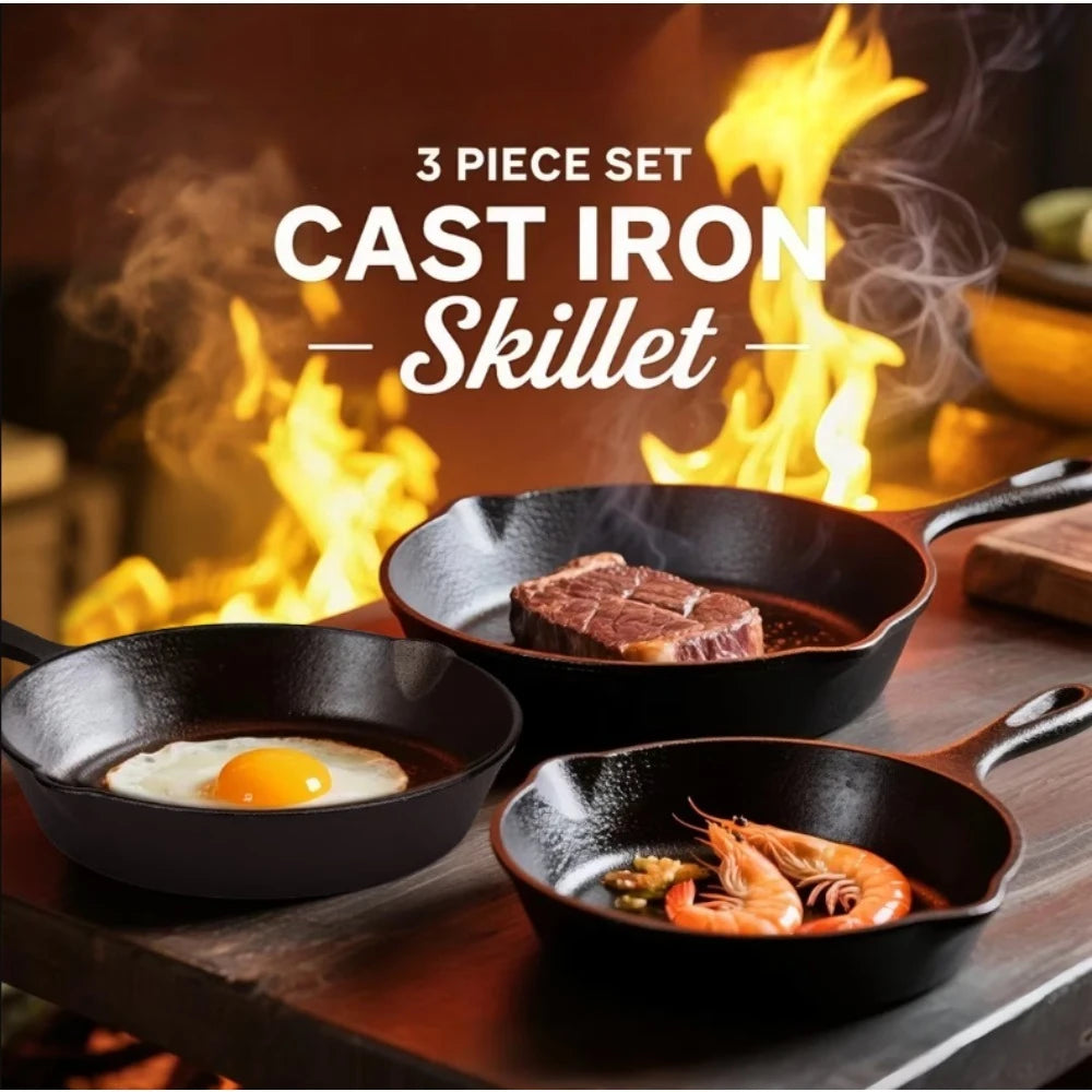 NOVELTY MOON Cast Iron Skillet Set — 3-Piece Pre-Seasoned Cookware