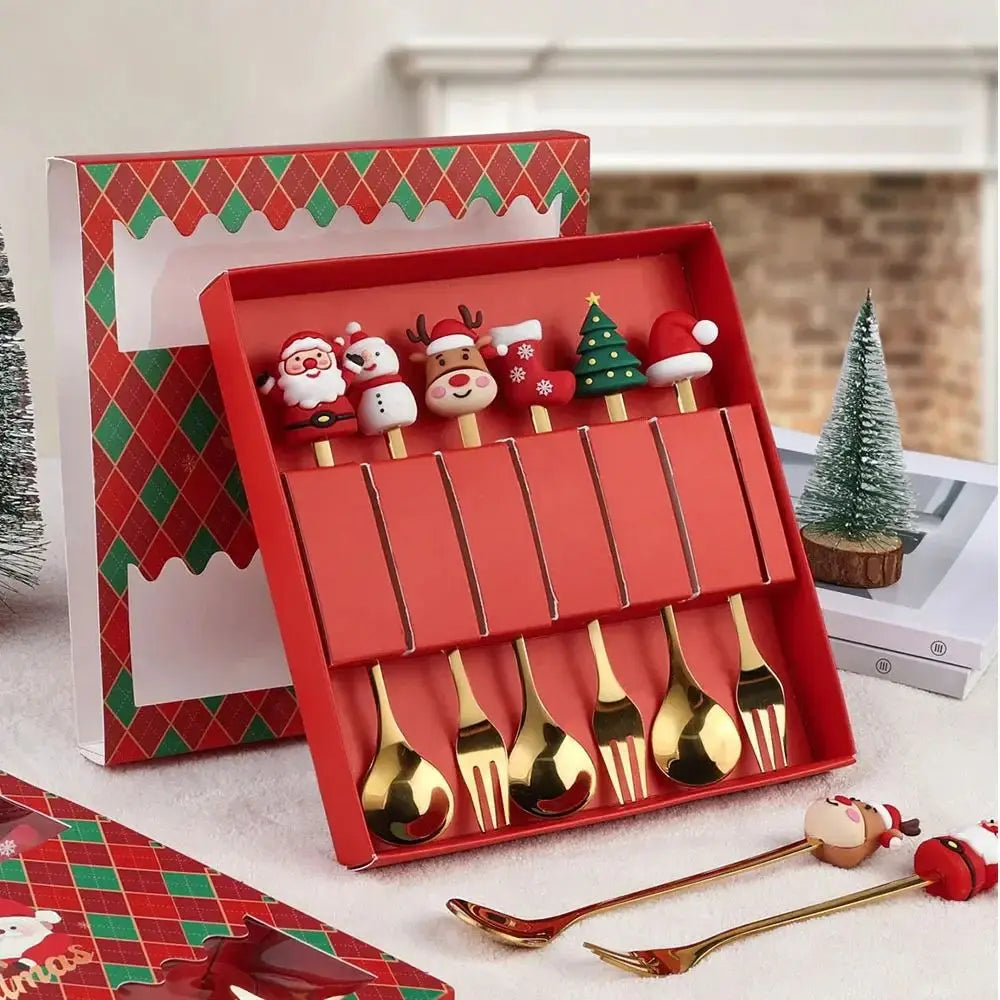 Christmas Themed Stainless Steel Cutlery Set — Decorative Santa Spoon and Fork
