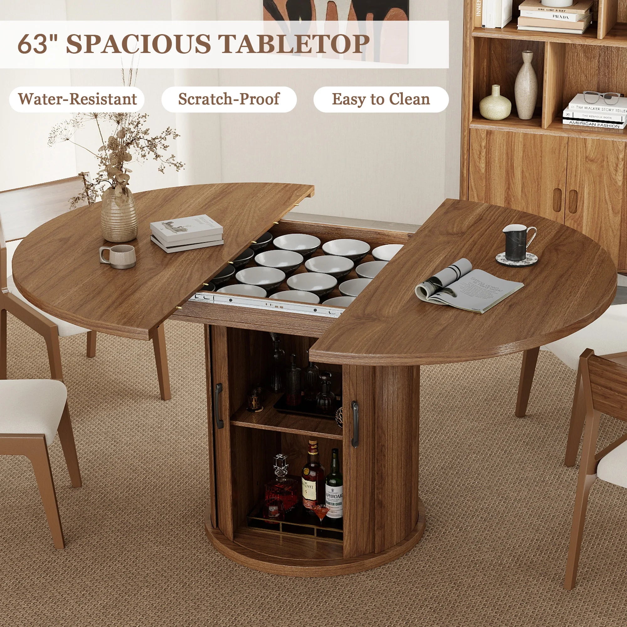 Modern Extendable Dining Table — Round to Oval Design with Storage