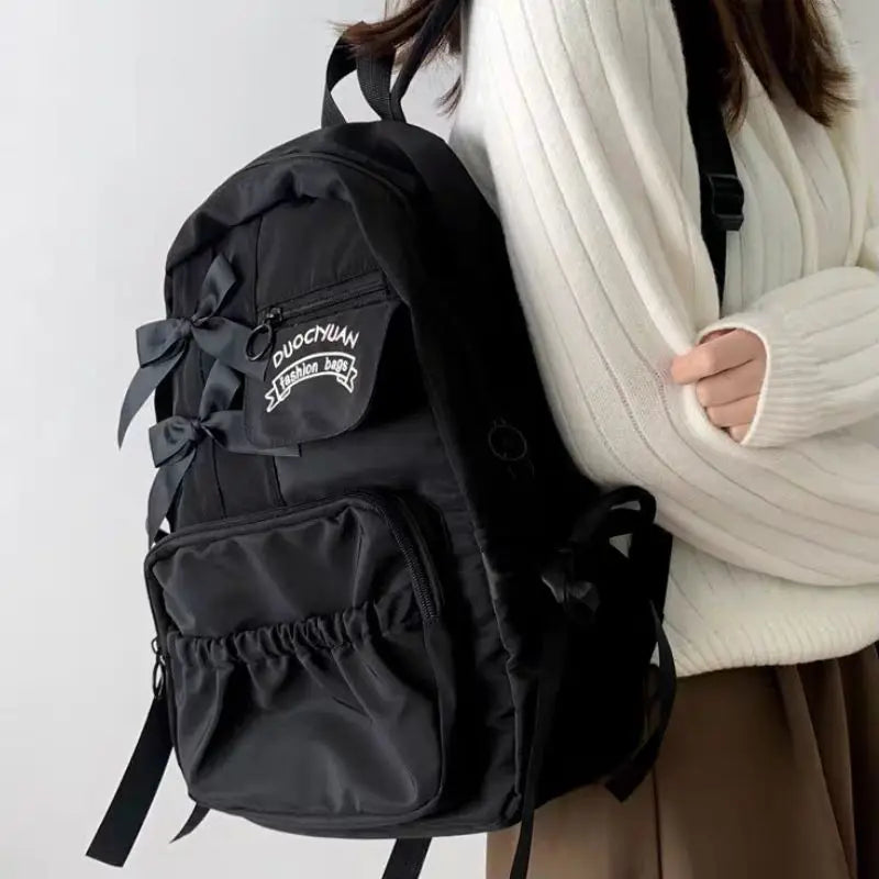 Cute Bow Canvas Backpack — Stylish College Style School Bag for Women