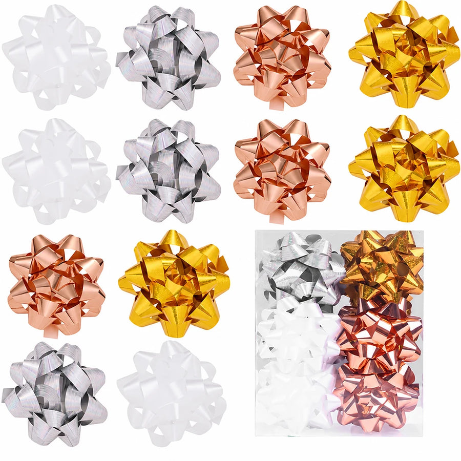 Metallic Star Flower Decorations — Festive Gift Wrapping Accents, 12 Pack
