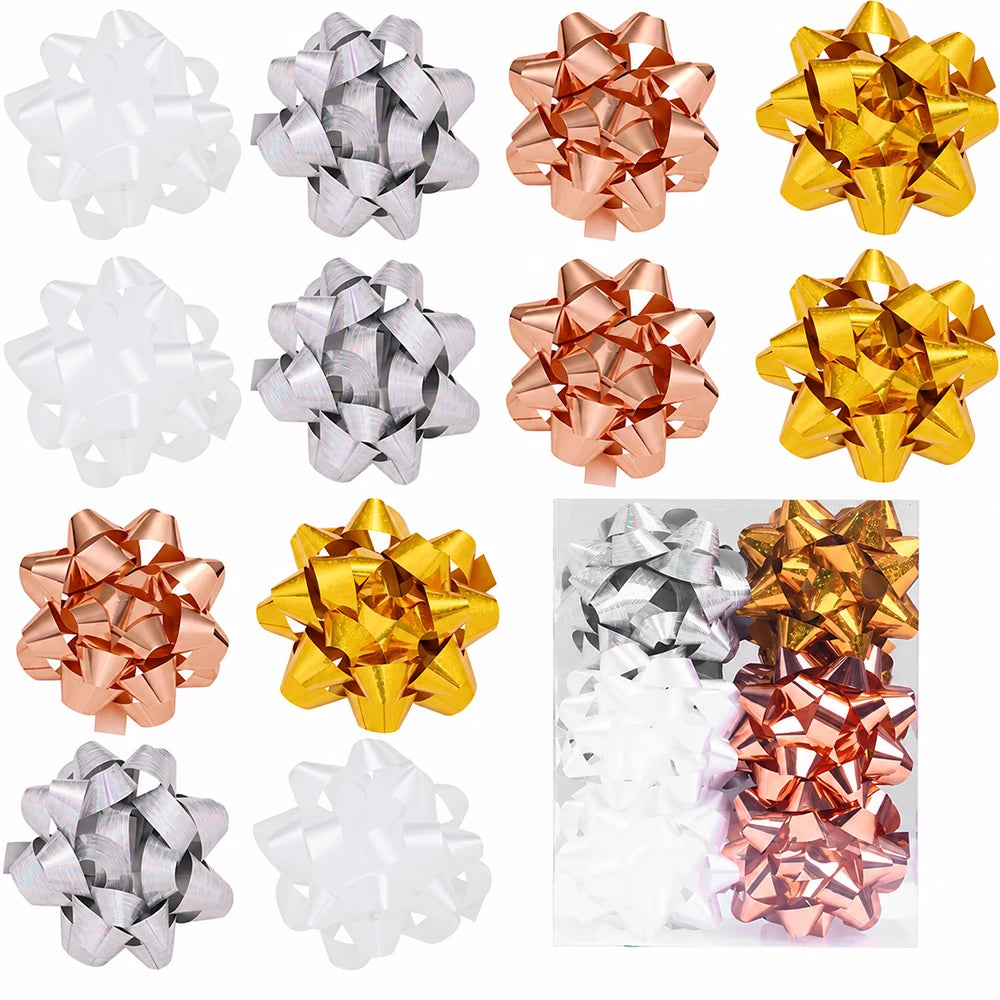 Metallic Star Flower Decorations — Festive Gift Wrapping Accents, 12 Pack