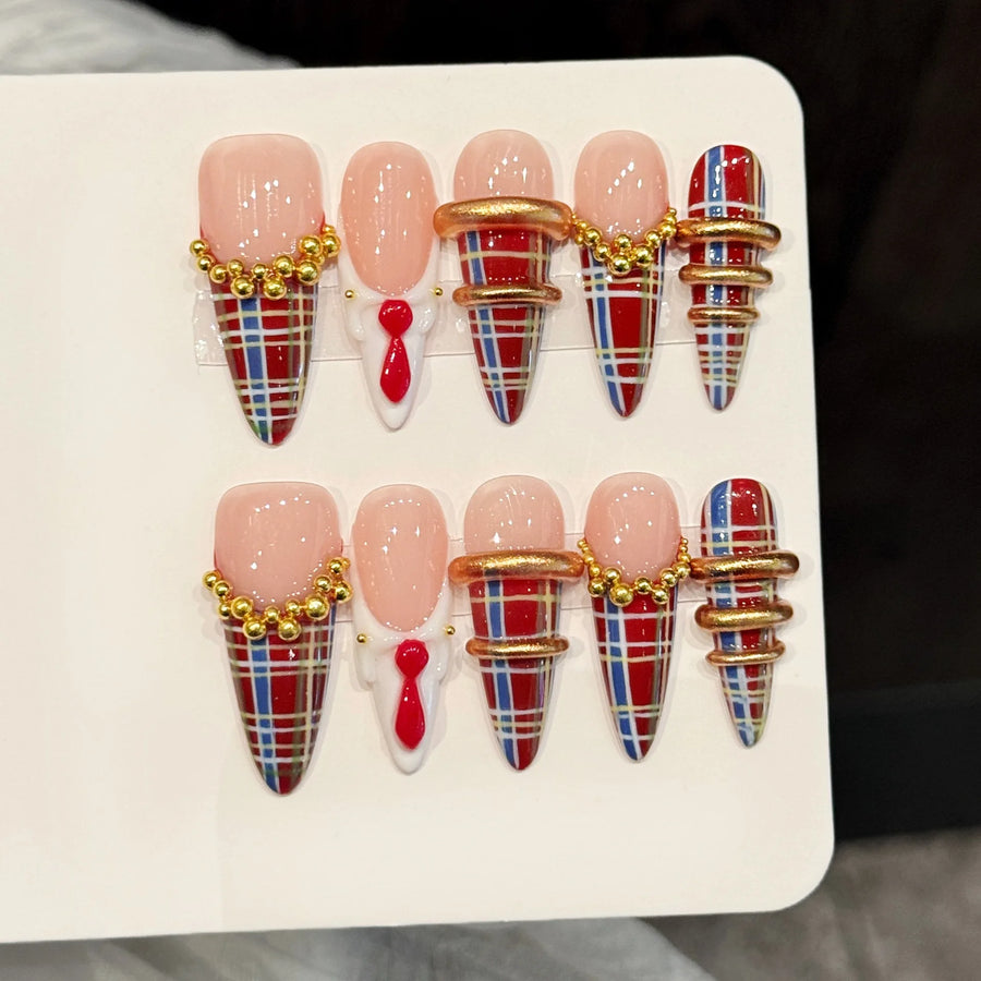 Handmade Long Pointed Press On Nails — Retro Academic Style, 10 Pieces