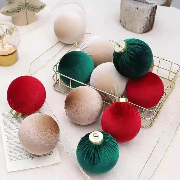 Flocked Fabric Christmas Ball Ornaments — 12-Piece Set for Holiday Decor