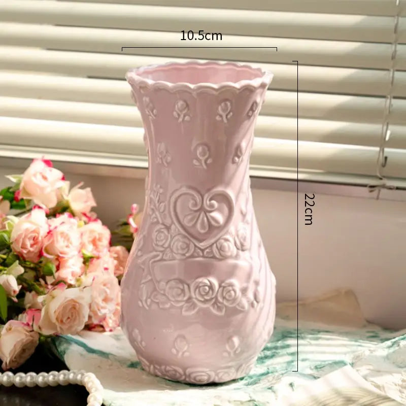 Retro Rose Relief Decorative Vase — European Style Imitation Ceramic Desktop Ornament