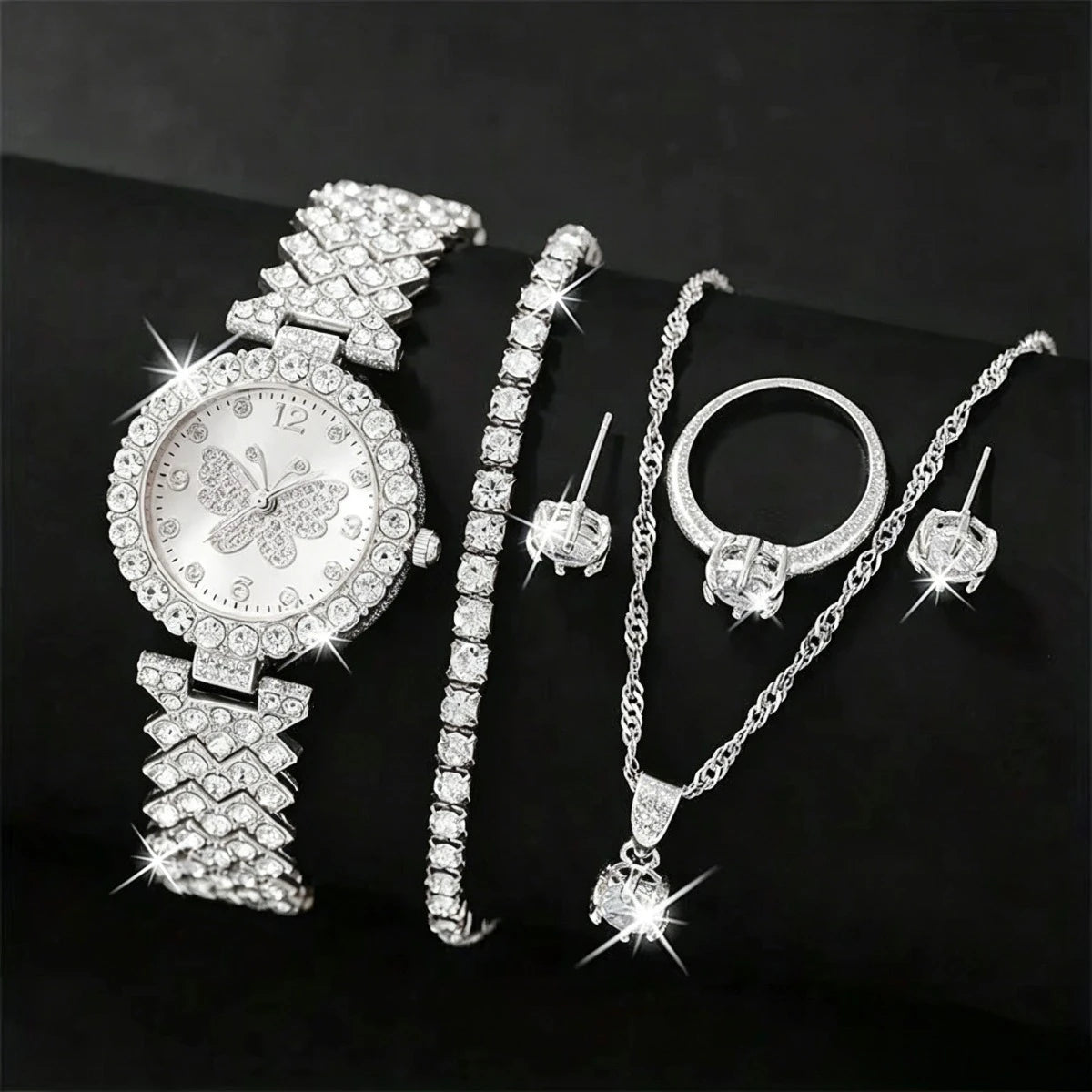 Luxury Rhinestone Butterfly Jewelry Set — Women's Quartz Watch & Accessories