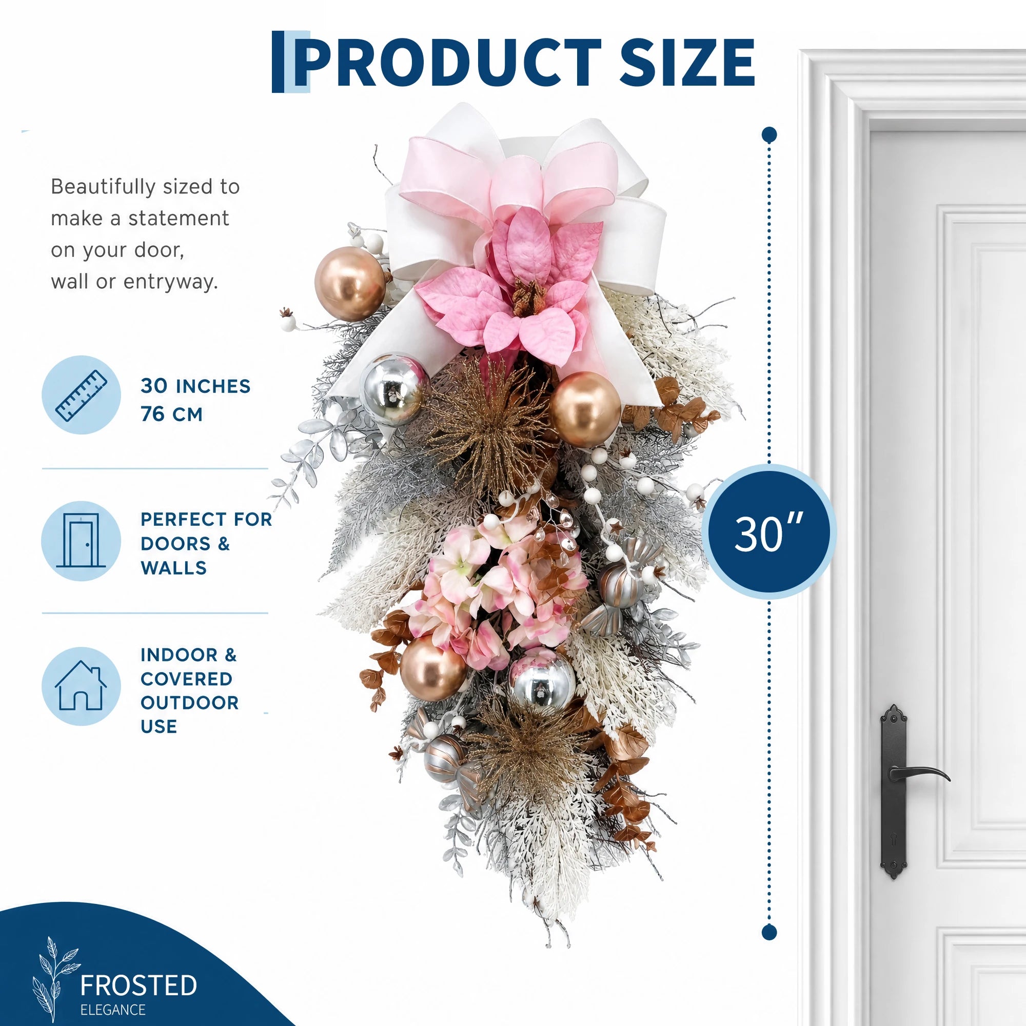 GAOMON Pink Christmas Teardrop Wreath — 30 Inch Artificial Holiday Swag