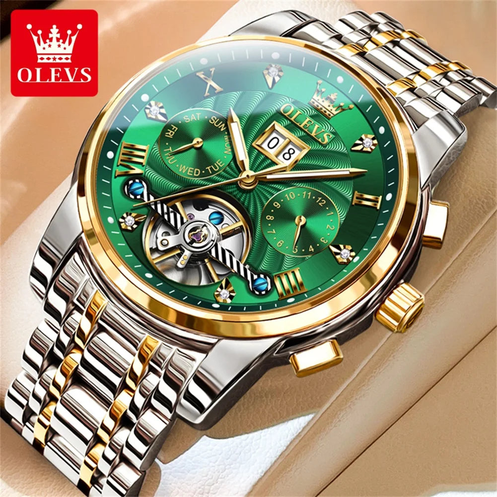 OLEVS Classic Men's Automatic Watch — Luxury Skeleton Tourbillon Design