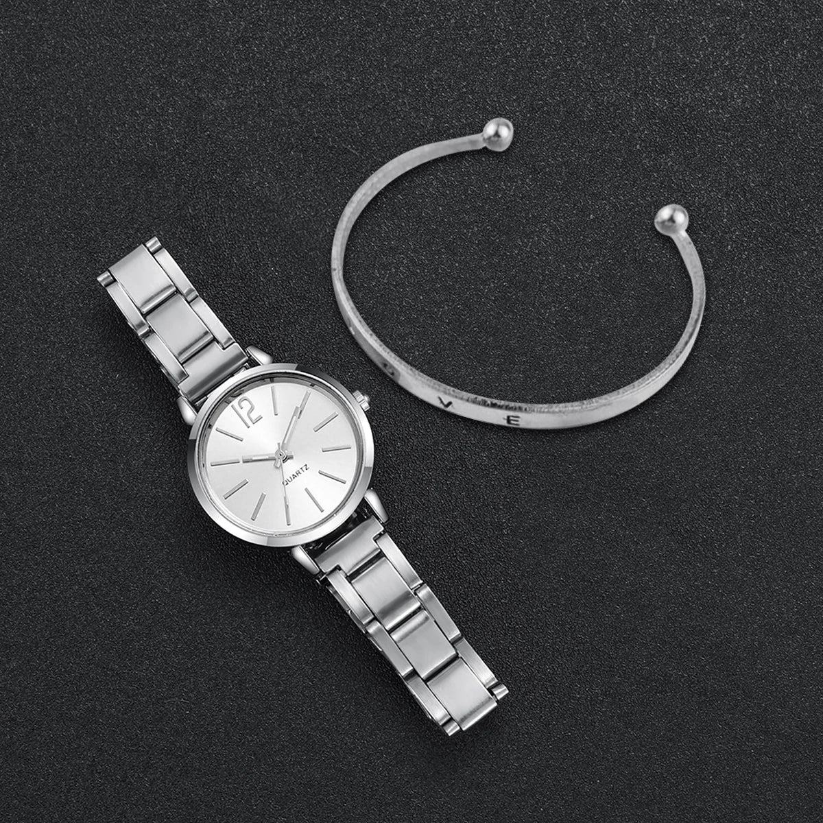 Women's Quartz Watch and Cuff Bracelet Set — Elegant Gold Steel Jewelry Duo