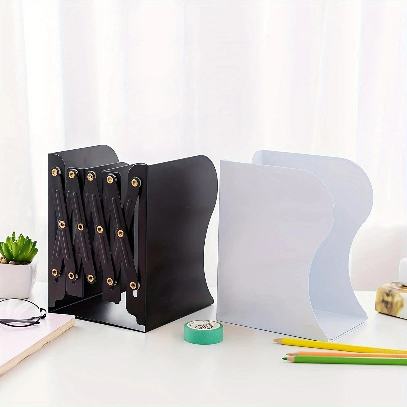Adjustable Metal Desktop Bookends — Retractable Book Stand for Office & Home