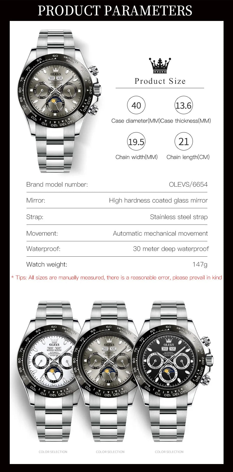 OLEVS Automatic Mechanical Watch — Luxury Moon Phase & Date Display
