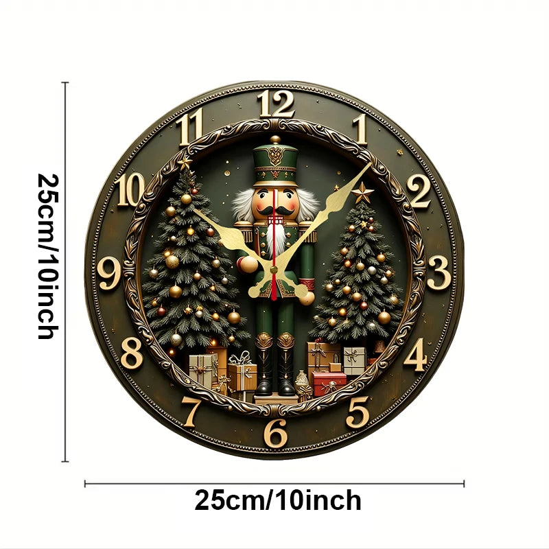 Nutcracker Wooden Wall Clock — Silent Round Holiday Decor