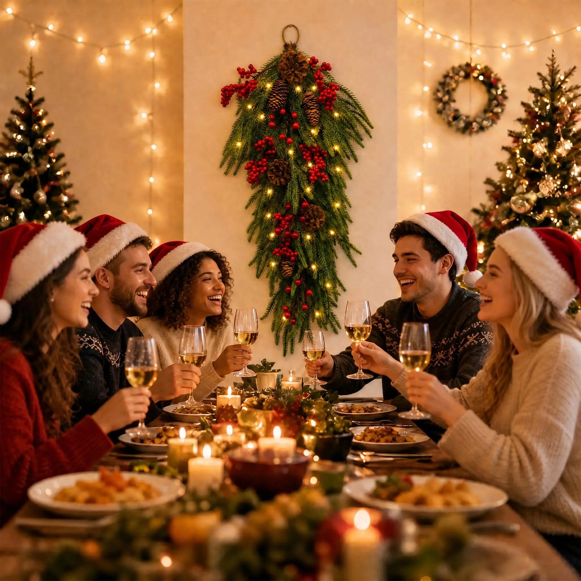 HiMISS Pre-Lit Christmas Teardrop Swag — LED Pine & Berry Door Decor
