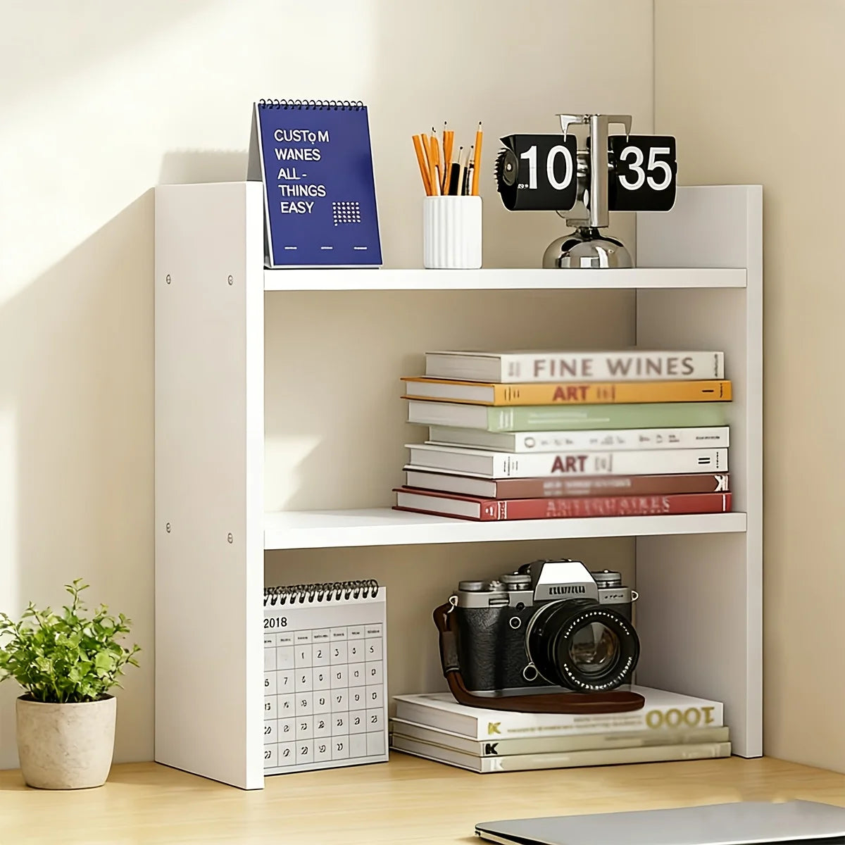 3-Tier Desktop Bookshelf Organizer — White Wooden Tabletop Storage Shelf