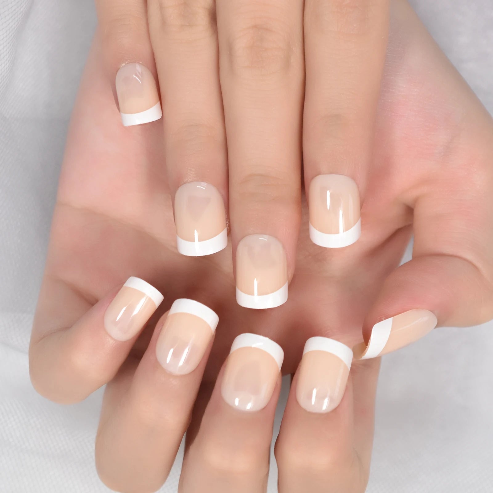 French Style Press On Nails — Glossy Nude White Tip Manicure Set