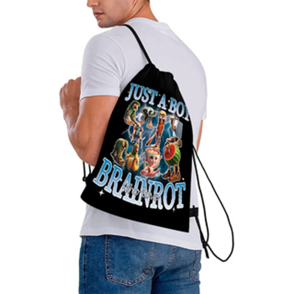 Cartoon Print Drawstring Bag — Waterproof Polyester Backpack for Sports & School