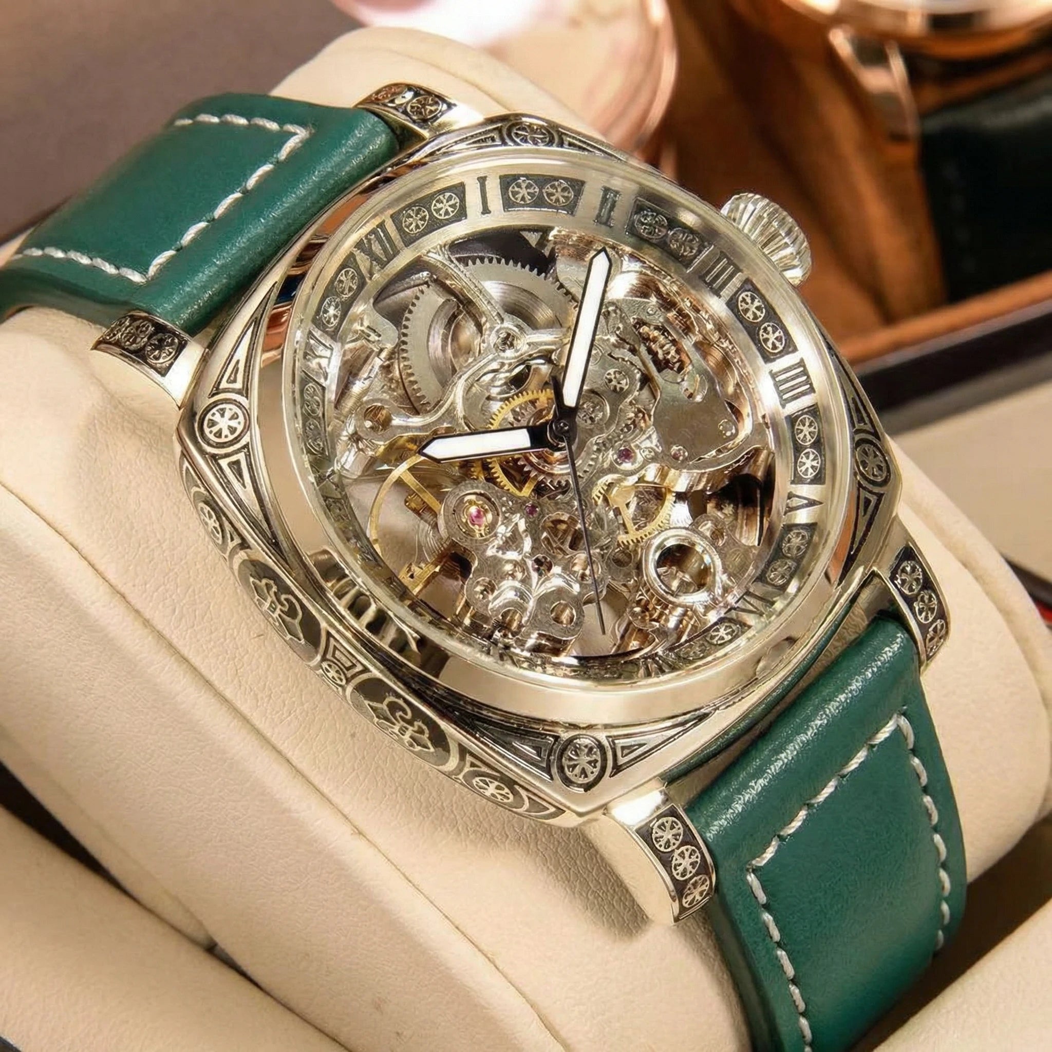 MEIRUIQI Men's Automatic Tourbillon Watch — Luminous Carved Mechanical Timepiece
