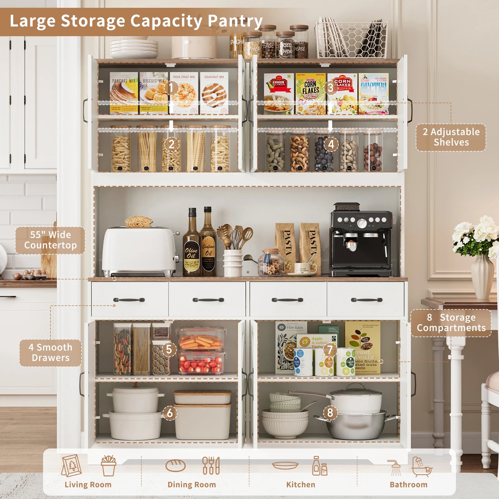 Yanosaku Kitchen Storage Cabinet — Modern Pantry with Built-In Charging Station