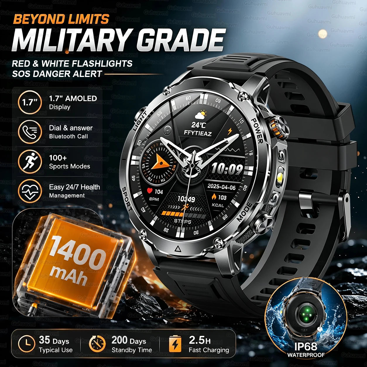 GUHUAVMI Military Smartwatch — 1400mAh Battery with GPS & Flashlight