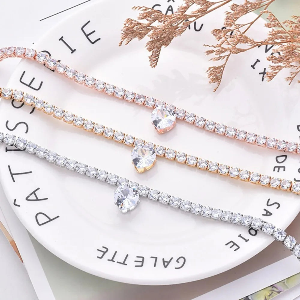 Sparkling Rhinestone Tennis Chain Cat Collar — Elegant Crystal Heart Pendant