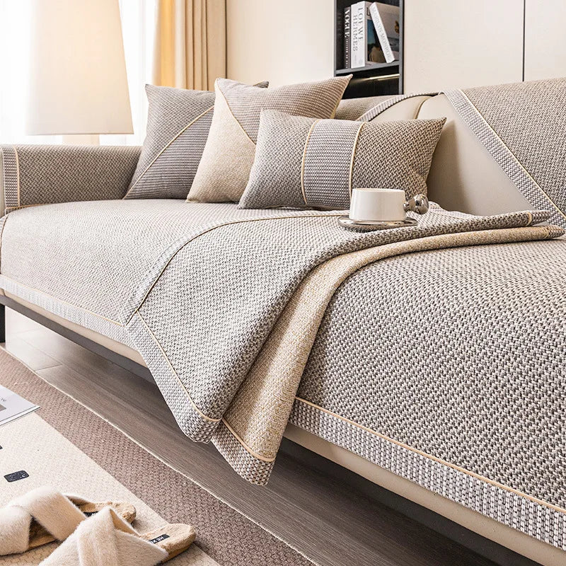 Woven Cotton and Linen Sofa Cover — Non-Slip All-Season Cushion Protector