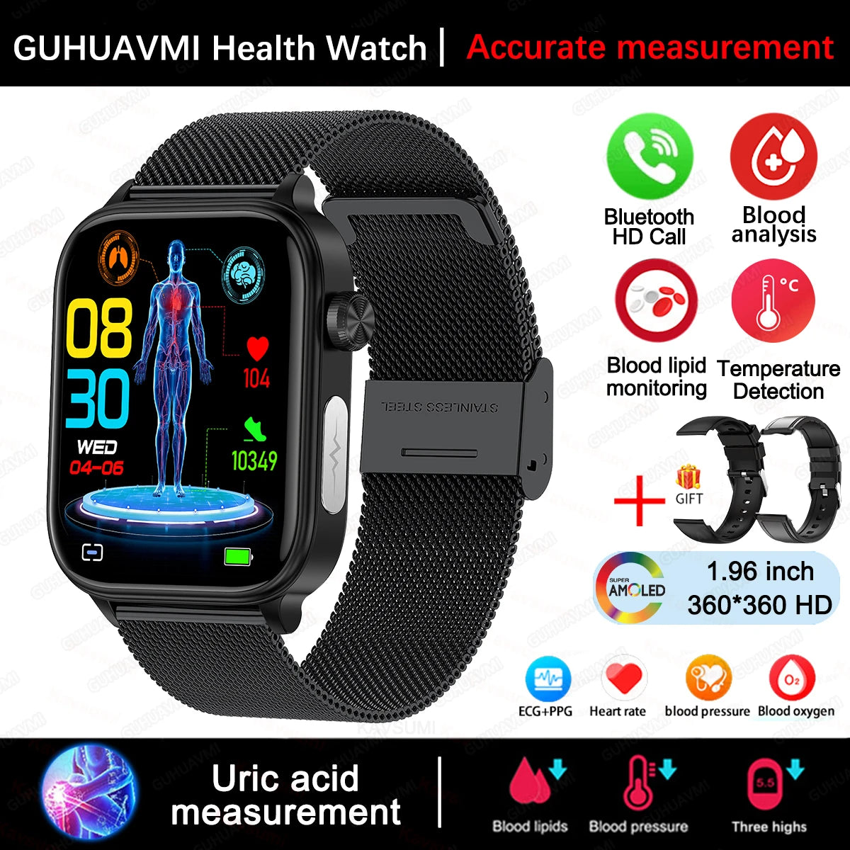 GUHUAVMI Health Smartwatch — Advanced ECG, Blood Pressure & Oxygen Monitor