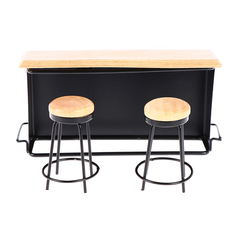 Miniature Bar Counter and Stool Set — 1:12 Scale Dollhouse Kitchen Furniture