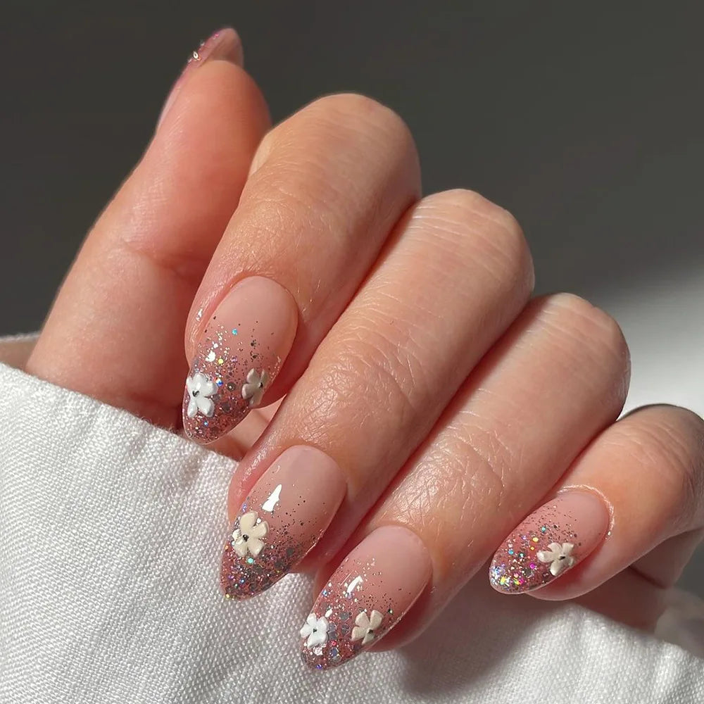 Pink Floral Press-On Nails — Short Almond French Tip Fake Nail Set